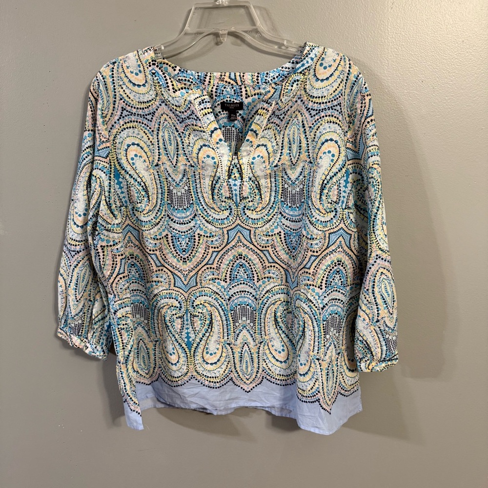 Talbots Petite Classic Split Neck Lightweight Cotton Blouse Blue Print XLP NWT